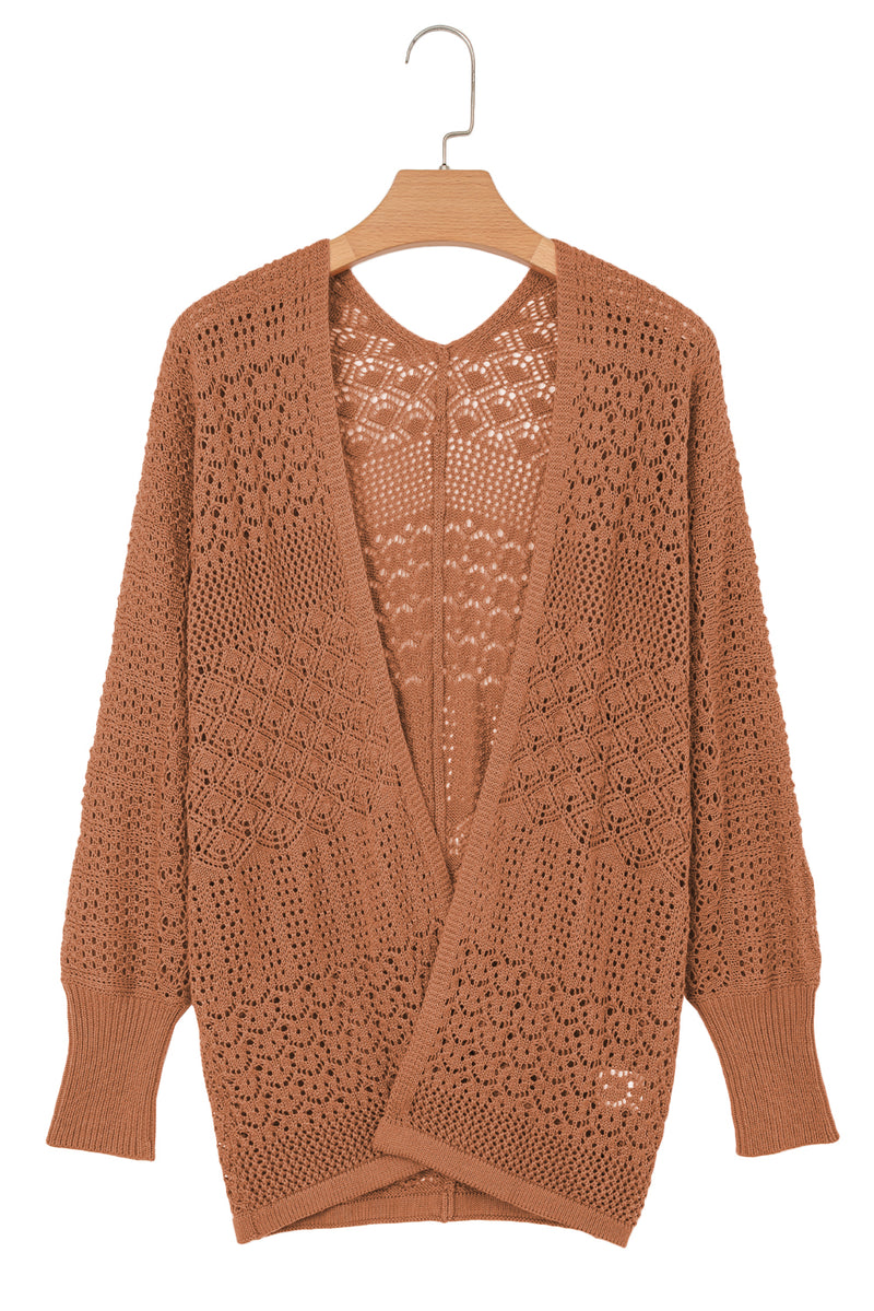 Brown Mix Pattern Hollowed Knit Open Front Cardigan