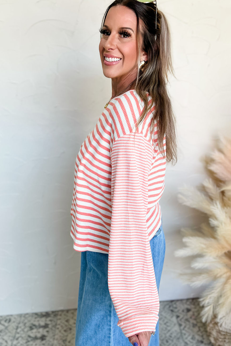 Stripe Textured Contrast Dropped Long Sleeve Top