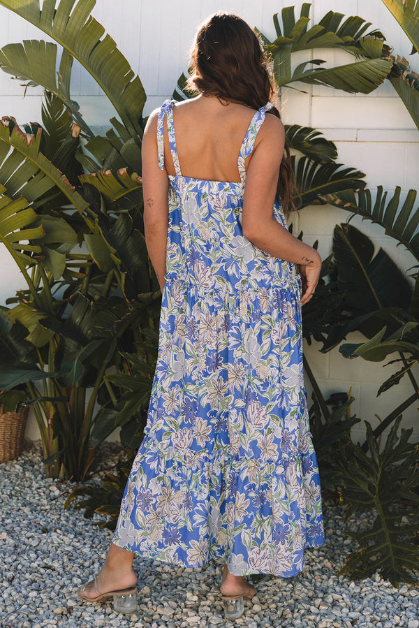 Floral Print Self-tie Straps Flowy Ruffle Long Dress