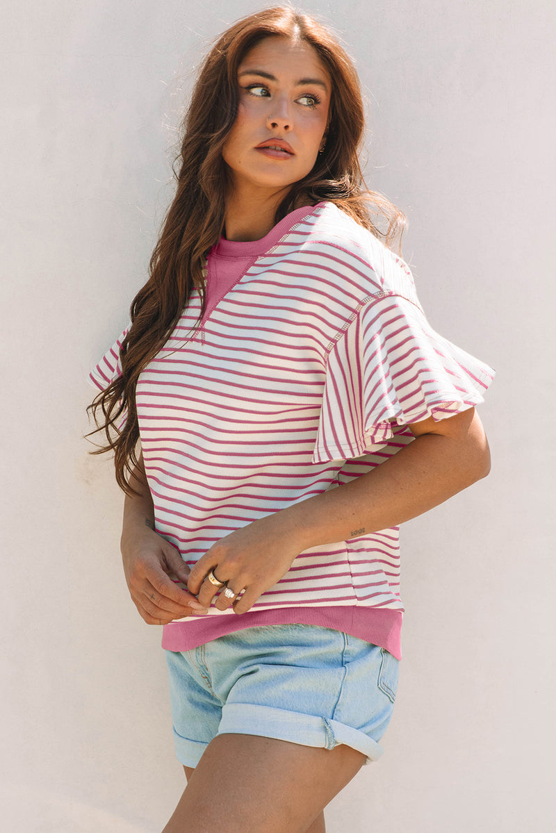 Contrast Detail Striped Ruffle Short Sleeve Top