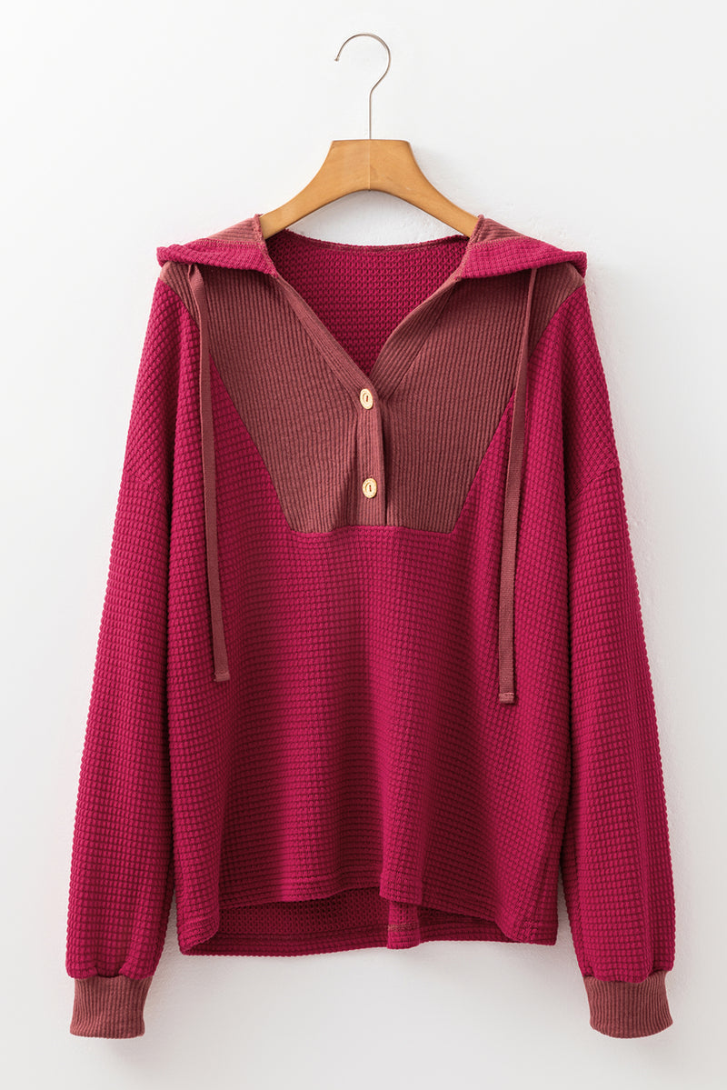 Waffle Patchwork Drop Shoulder Hooded Long Sleeve Top