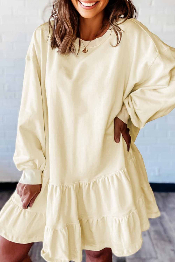 Double Tiered Ruffle Hem Long Sleeve Loose Mini Dress