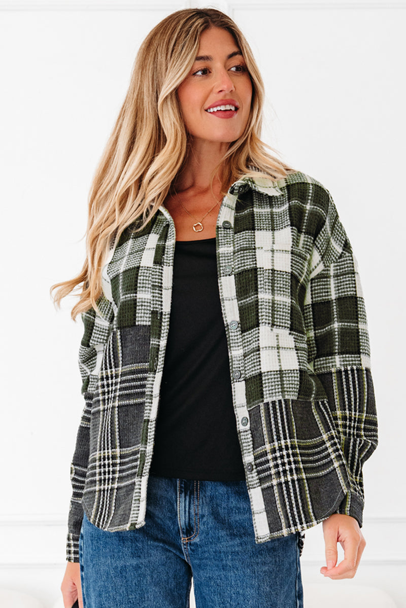Plaid Print Textured Knit Buttoned Shacket