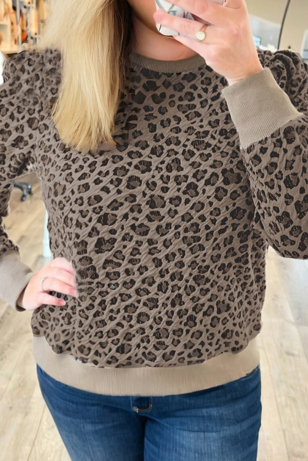 Leopard Textured Ribbed Trim Plus Size Long Sleeve Top