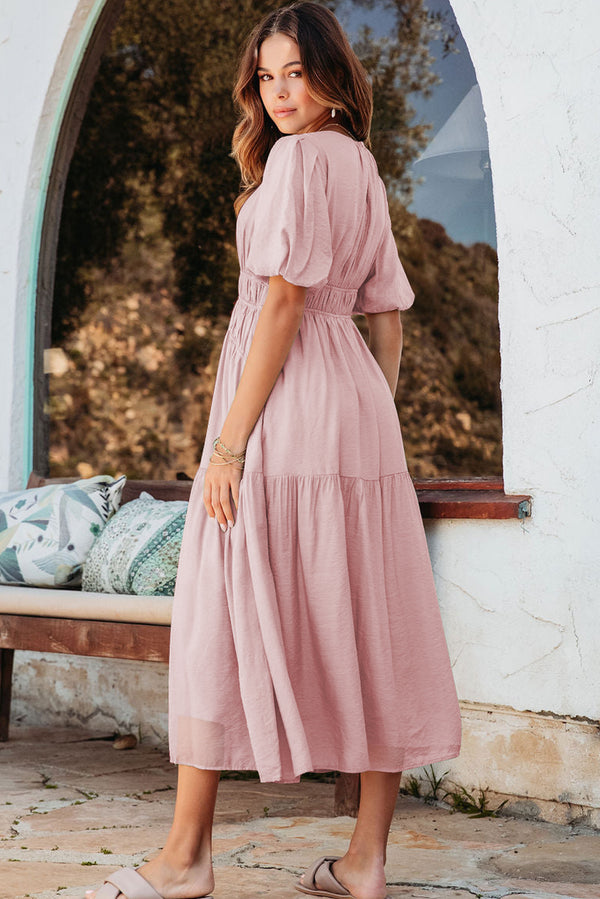 Solid Puff Sleeve Pleated High Waist Flowy Midi Dress