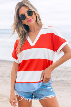 Stripe Collar V Neck Cuffed Dolman Short Sleeve Top