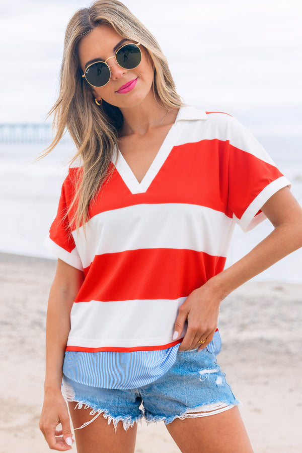 Stripe Collar V Neck Cuffed Dolman Short Sleeve Top