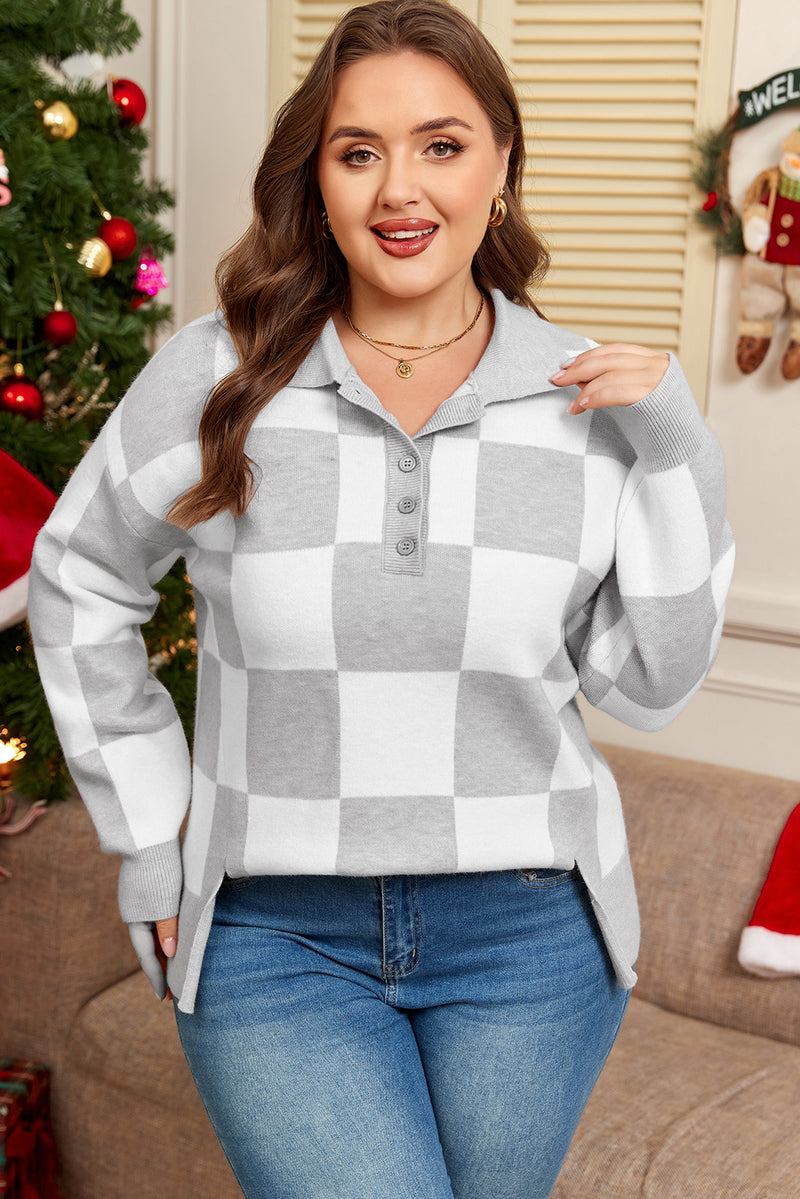 Plus Size Checkered Pattern Button Polo Collar Split Sweater