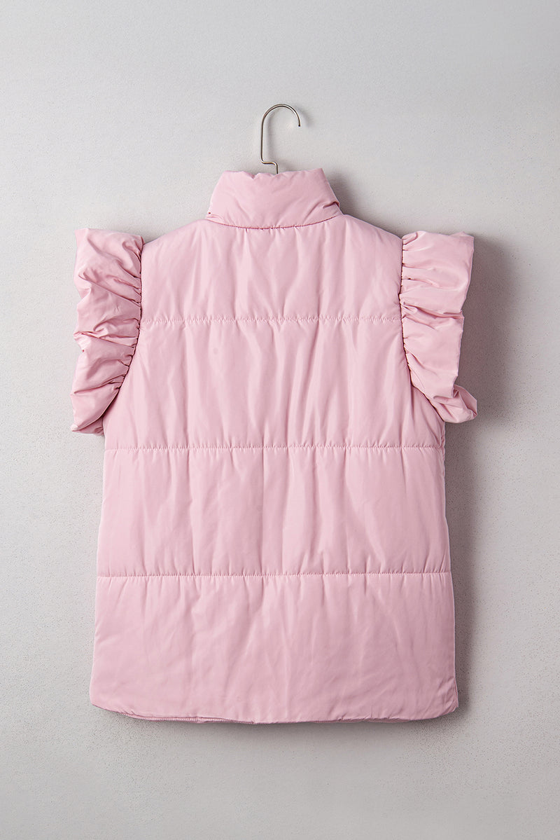Stand Neck Flutter Sleeve Snap Button Puffer Vest