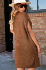 Brown Solid Color Short Sleeve Notched V Neck Sweater Dress