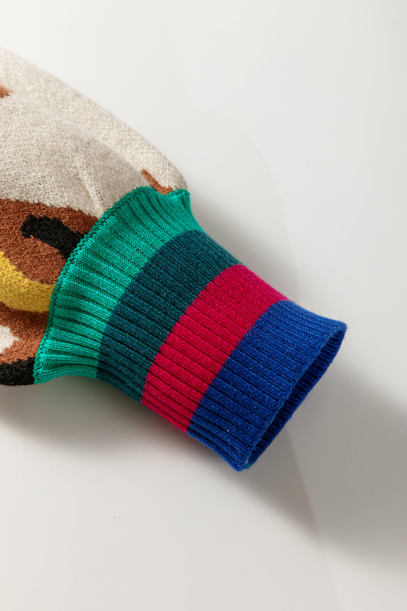 Contrast Ribbed Stripes Detail Animal Pattern Knit Sweater