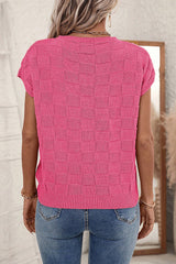 Solid Lattice Textured Knit Short Sleeve Sweater