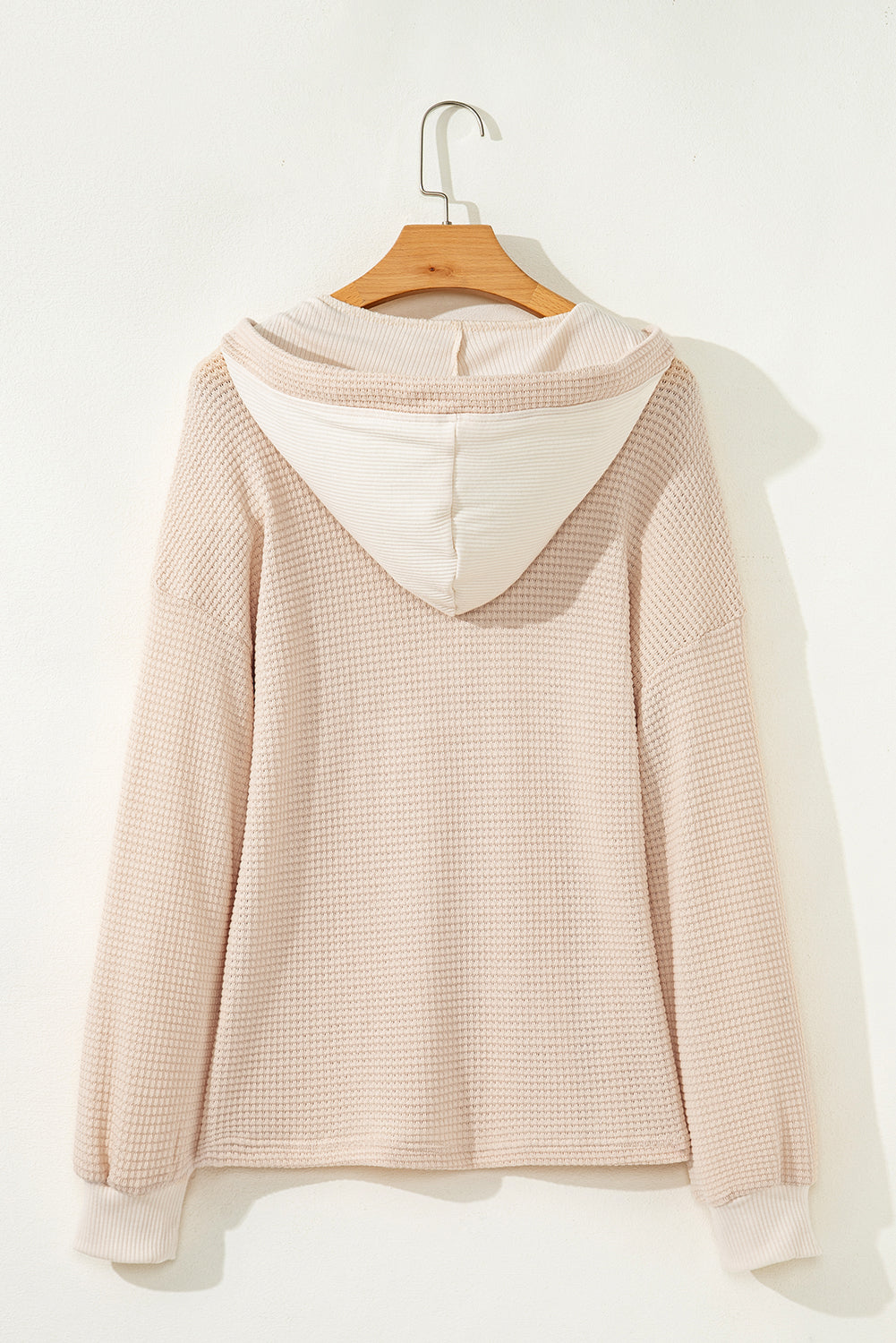 Waffle Patchwork Drop Shoulder Hooded Long Sleeve Top