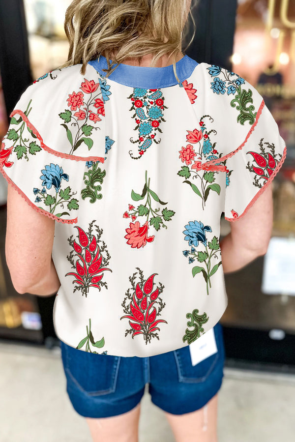 Floral Print Contrast V Neck Tassel Tie Lace Detail Short Sleeve Blouse