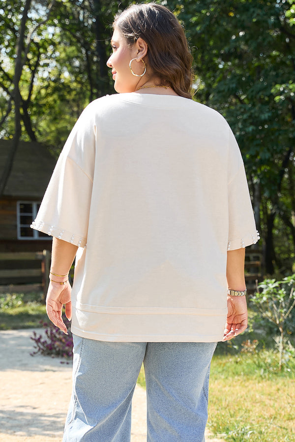 Pearl Decor Crew Neck Half Sleeve Plus Size T Shirt