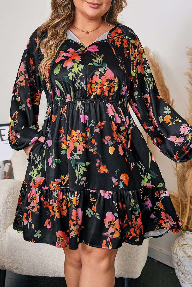 Plus Size Floral Print Tie Neck Cinched Waist Long Sleeve Mini Dress