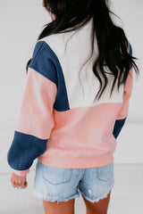 Colorblock Patchwork Half Button Baggy Sweatshirt