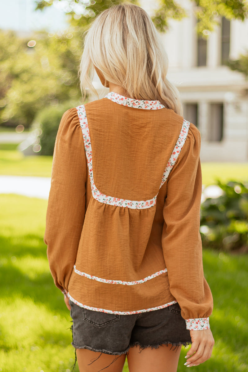 Split Neck Pleated Floral Trim Long Puff Sleeve Blouse