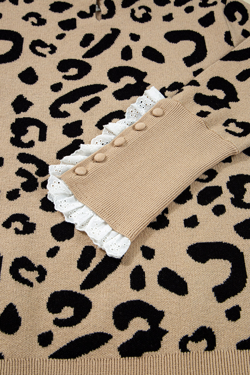 Leopard Pattern Lace Ribbed Detail Button Cuffed Sweater