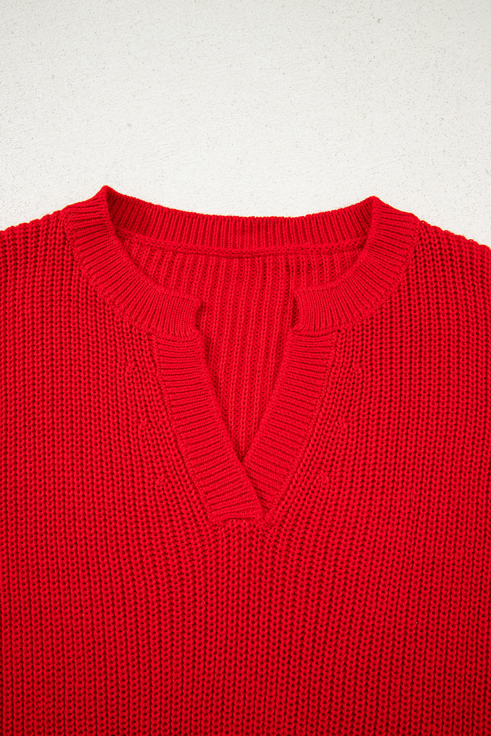 Solid Textured Knit V Neck Drop Shoulder Sweater
