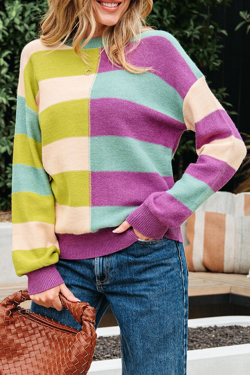 Stripe Drop Shoulder Ribbed Edge Casual Sweater
