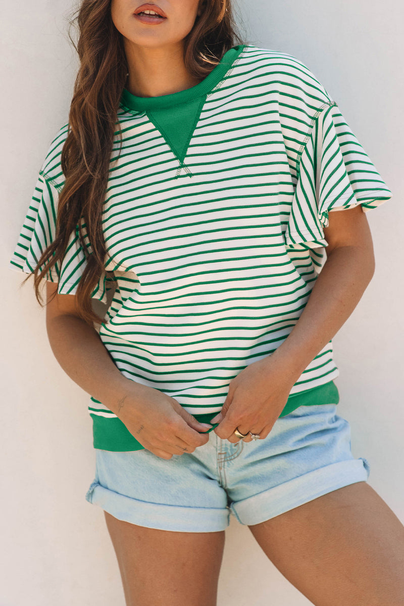 Contrast Detail Striped Ruffle Short Sleeve Top