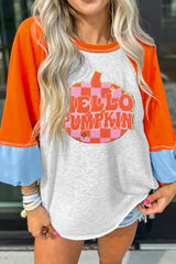 HELLO PUMPKIN Patched Graphic Colorblock Bubble Sleeve Raglan Top
