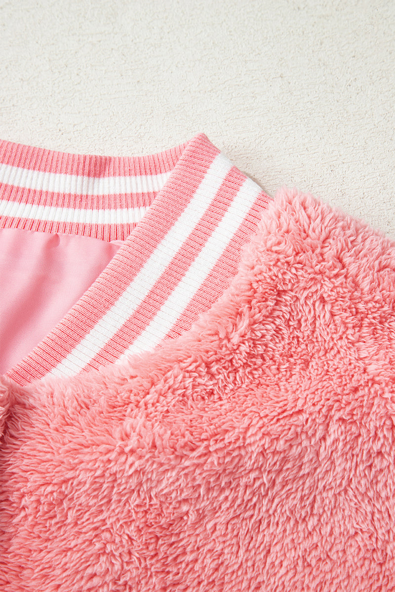 Pink Varsity Striped Banding Patchwork Winter Plush Vest