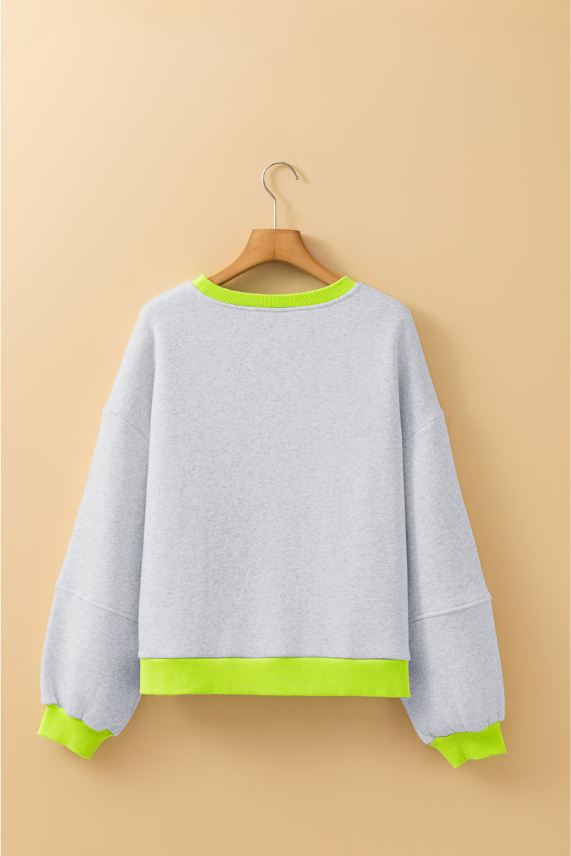 Contrast Color Banding Patchwork Puff Sleeve Loose Sweatshirt