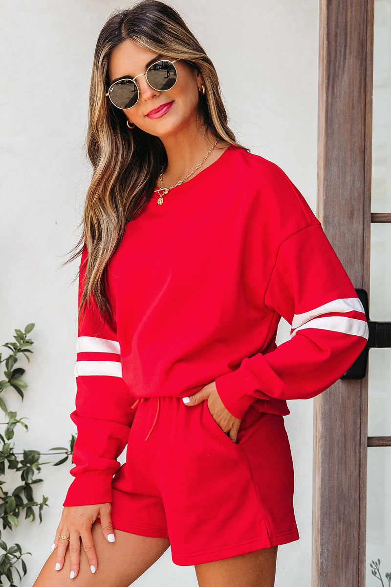 Solid Varsity Striped Sleeve Drop Shoulder Sweatshirt and Short Set