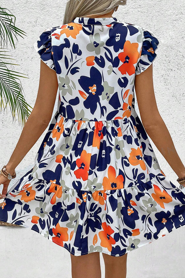 Floral Print Notched Neck Flutter Sleeve Mini Dress