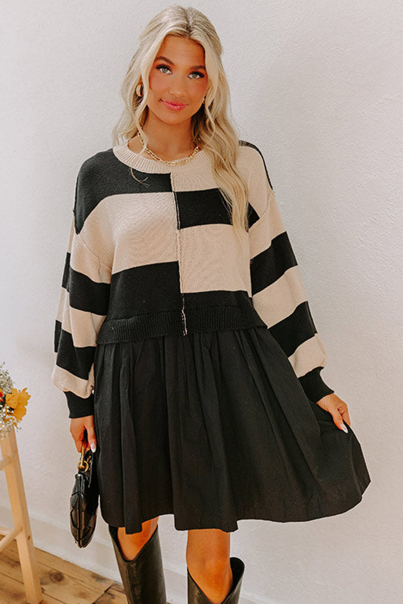 Stripe Two in One Knitted Top High Waist Splicing Hem Sweater Dress