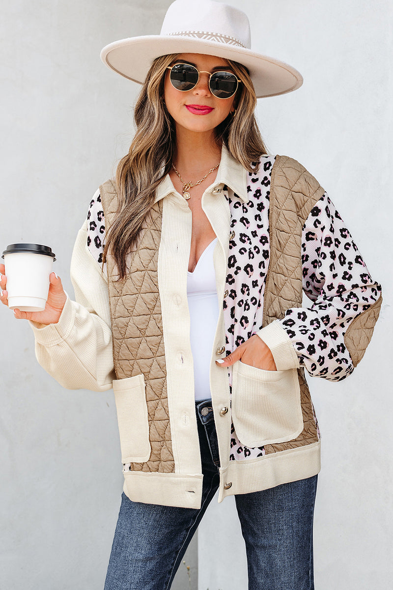 Leopard Waffle Quilted Patchwork Button Front Jacket