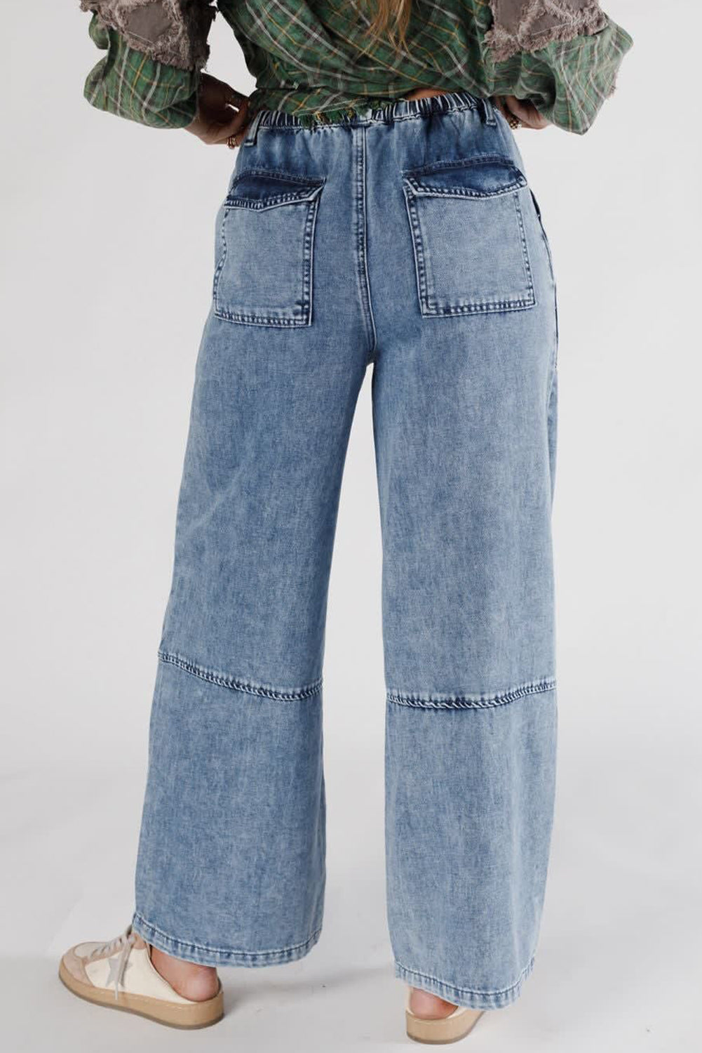 Acid Wash Exposed Seam Drawstring High Waist Jeans