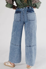 Acid Wash Exposed Seam Drawstring High Waist Jeans