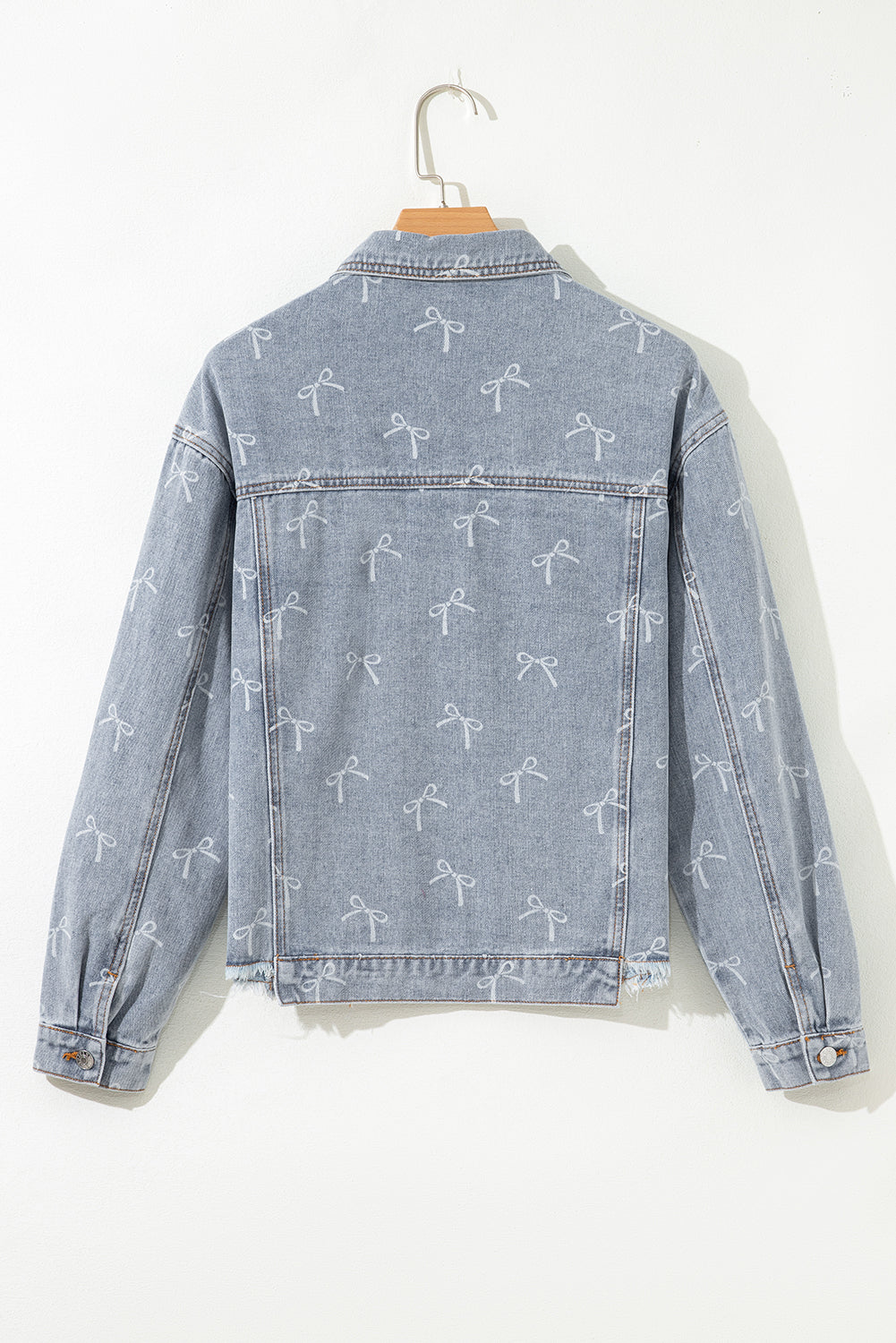 Bow Knot Print Light Wash Raw Hem Denim Jacket