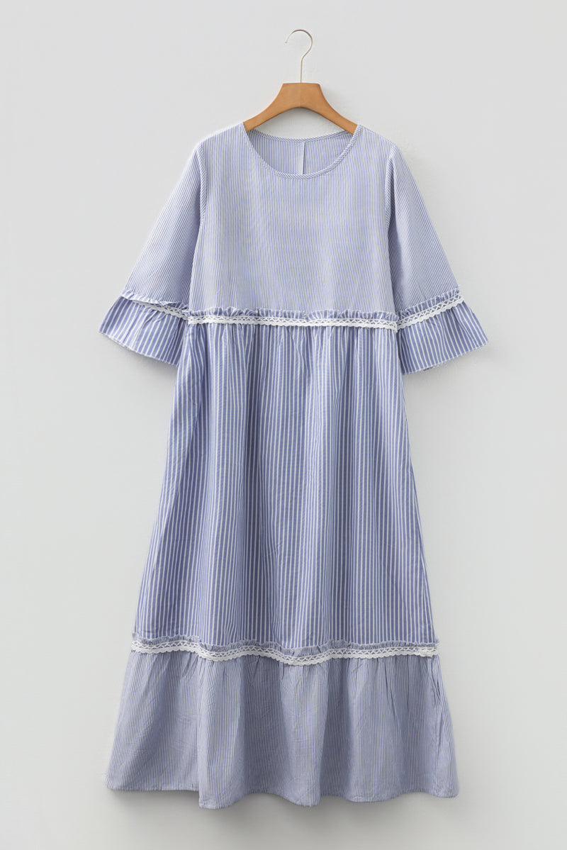 Stripe Patchwork Crossed Lace Detail Bracelet Sleeve Maxi Dress