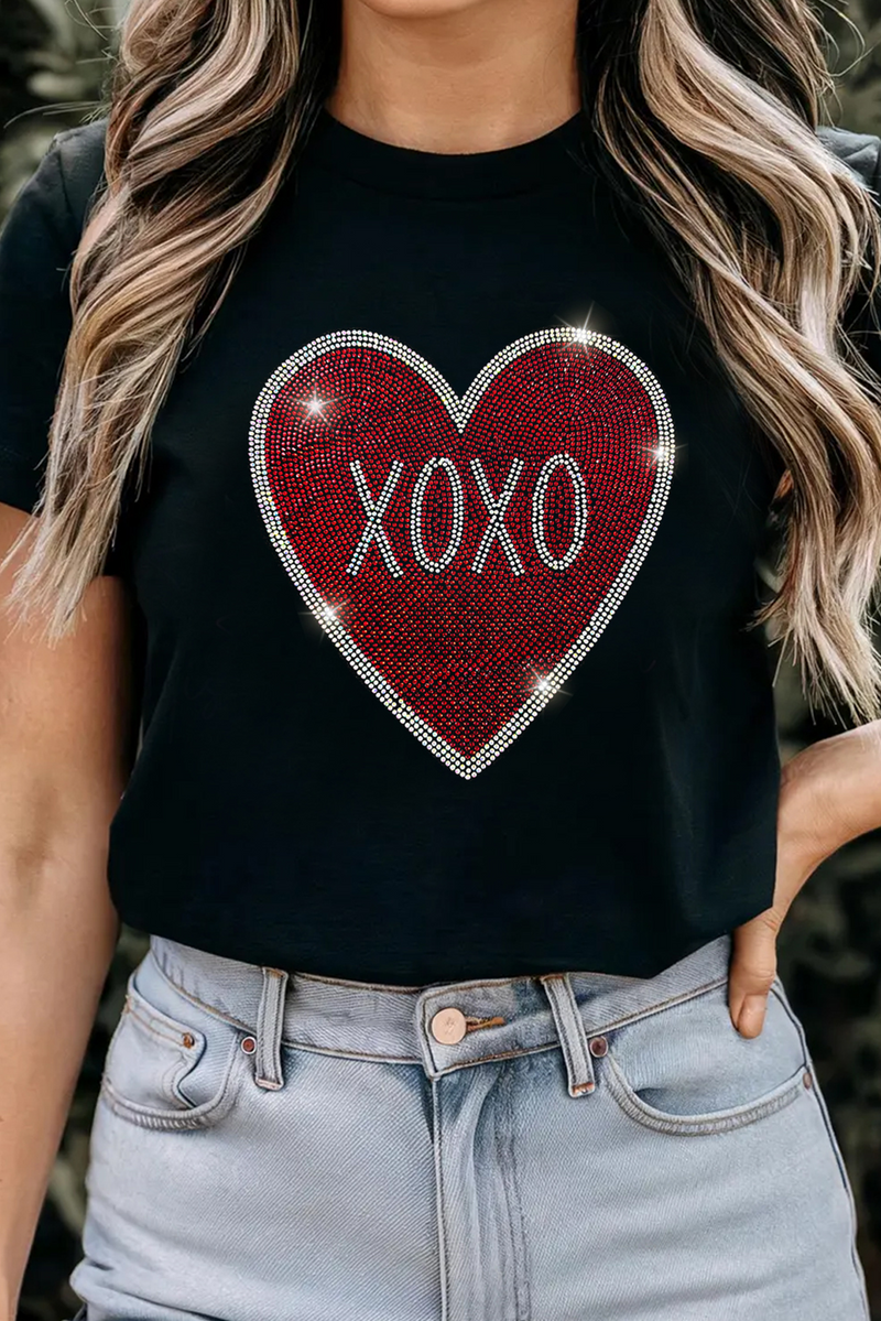 Rhinestone XOXO Heart Graphic Crewneck Tee