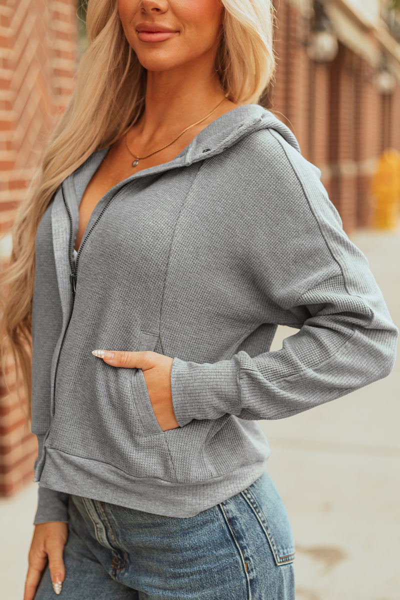 Waffle Splicing Zip Up Front Button Hooded Jacket