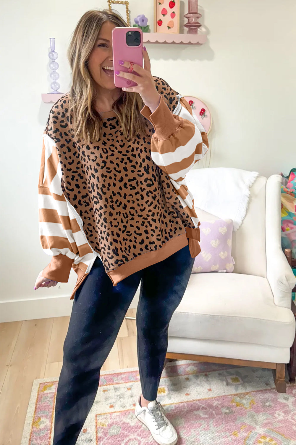 Stripe Color Block Patchwork Leopard Casual Sweatshirt with Slits