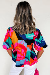 Abstract Floral Print Front Tied Puff Sleeve Babydoll Blouse