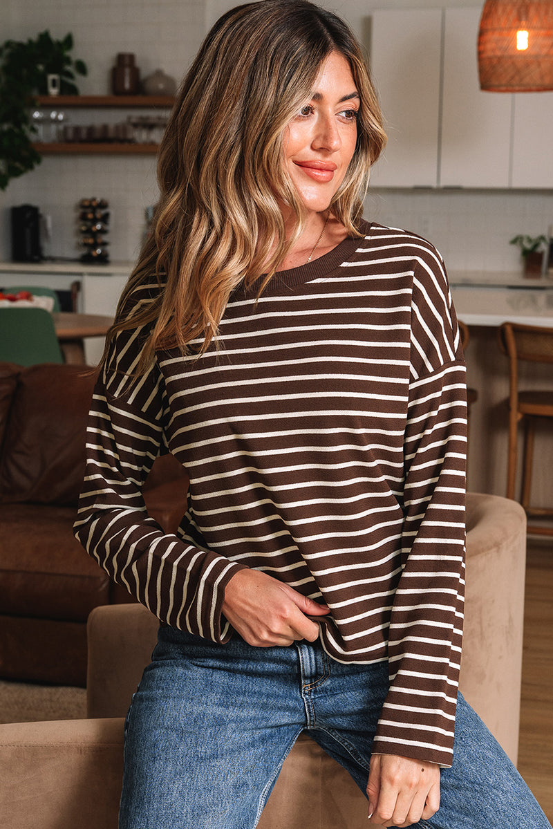 Stripe Ribbed Cropped Crew Neck Long Sleeve T Shirt