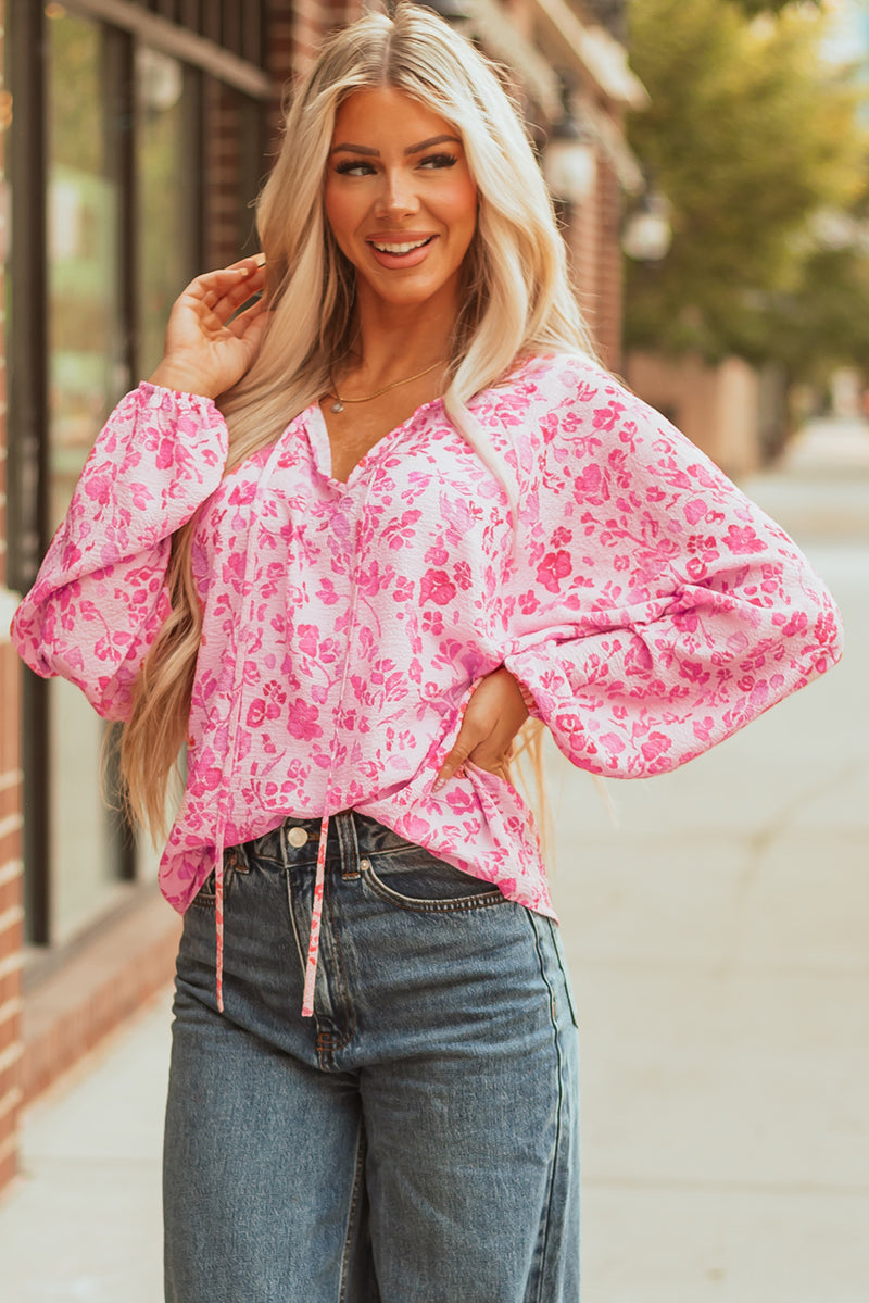 Floral Puff Sleeve Split Neck Lightweight Blouse
