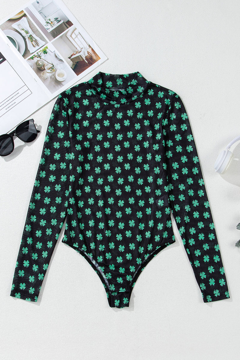 St Patrick Shamrock Printed Long Sleeve Mesh Bodysuit