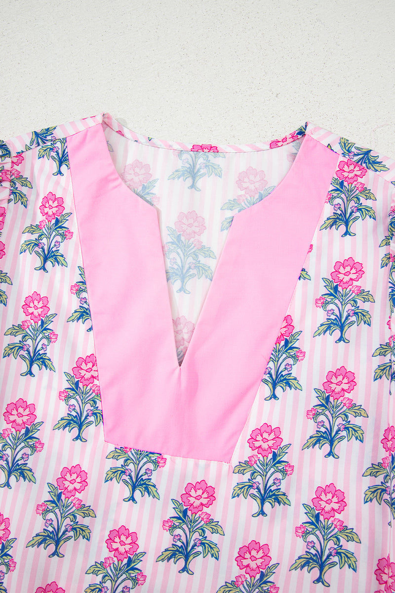 Floral Striped Print Contrast Patchwork Ruffle Hem Blouse