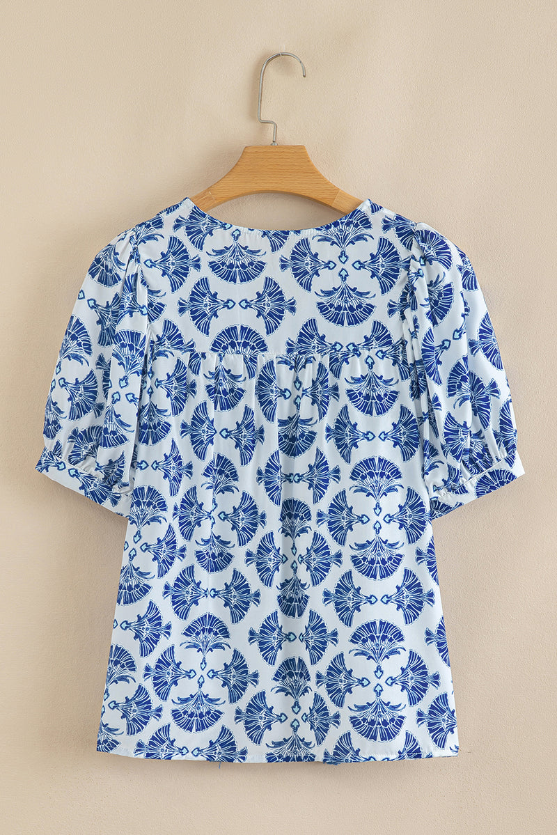Sky Blue Geometric Print Tassel Drawstring V Neck Blouse