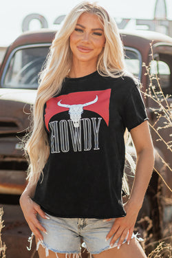 Western HOWDY Steer Head Print Side Slits Loose Fit T Shirt