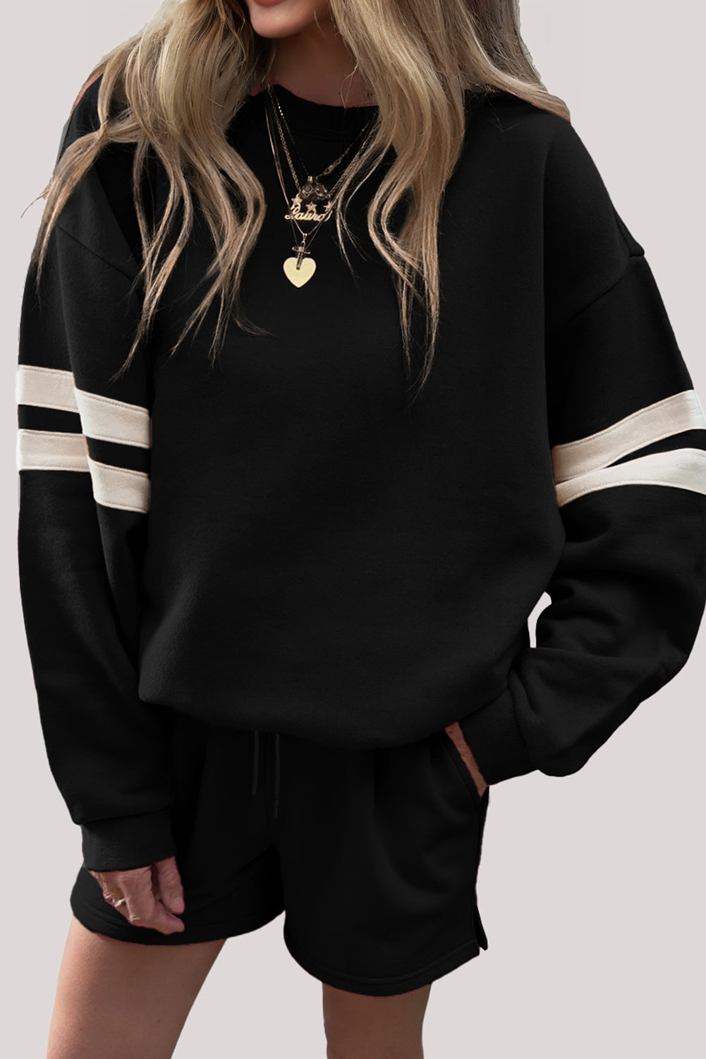 Varsity Striped Sleeve Drop Shoulder Sweatshirt and Short Set