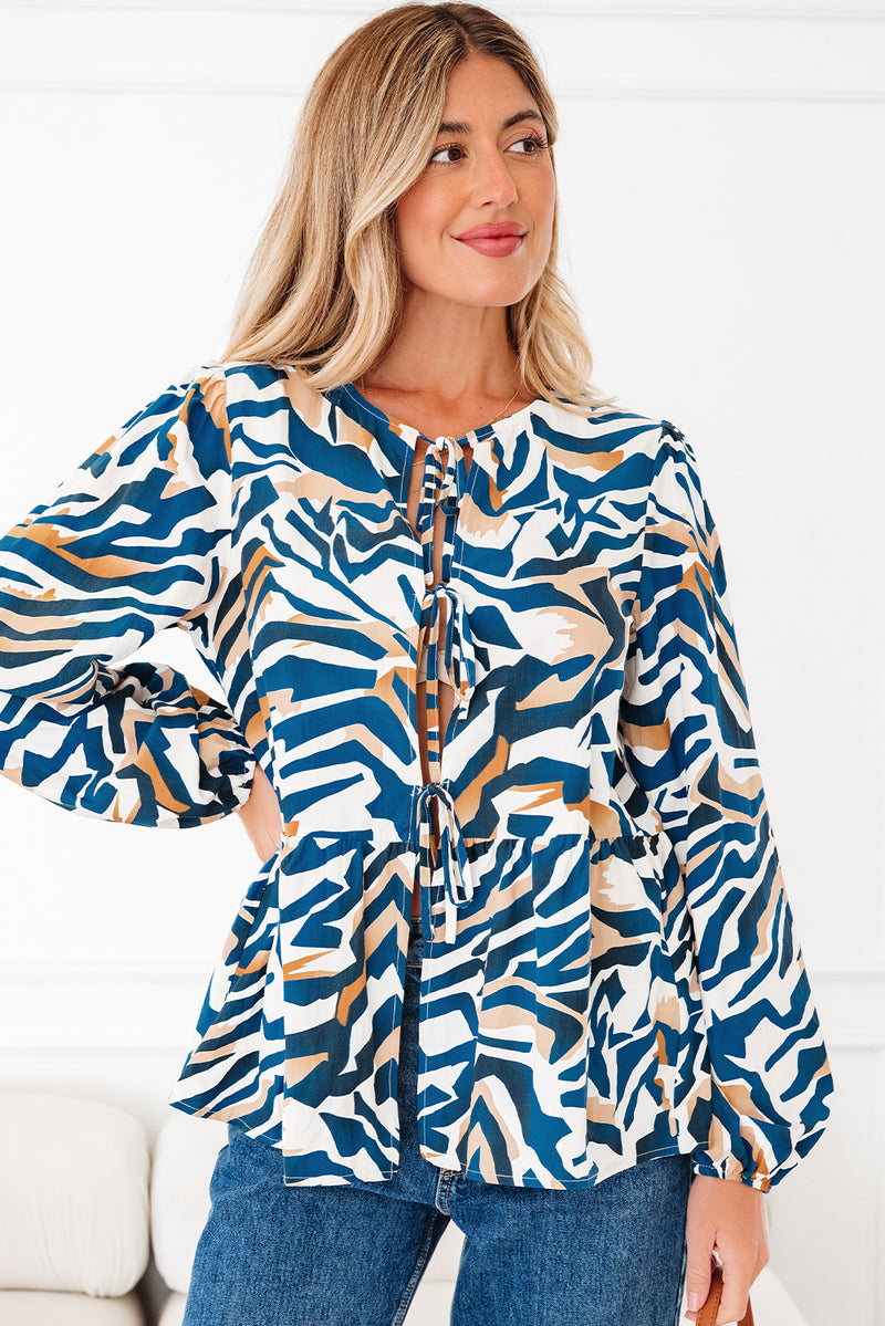 Zebra Print Tied Front Puff Sleeve Top