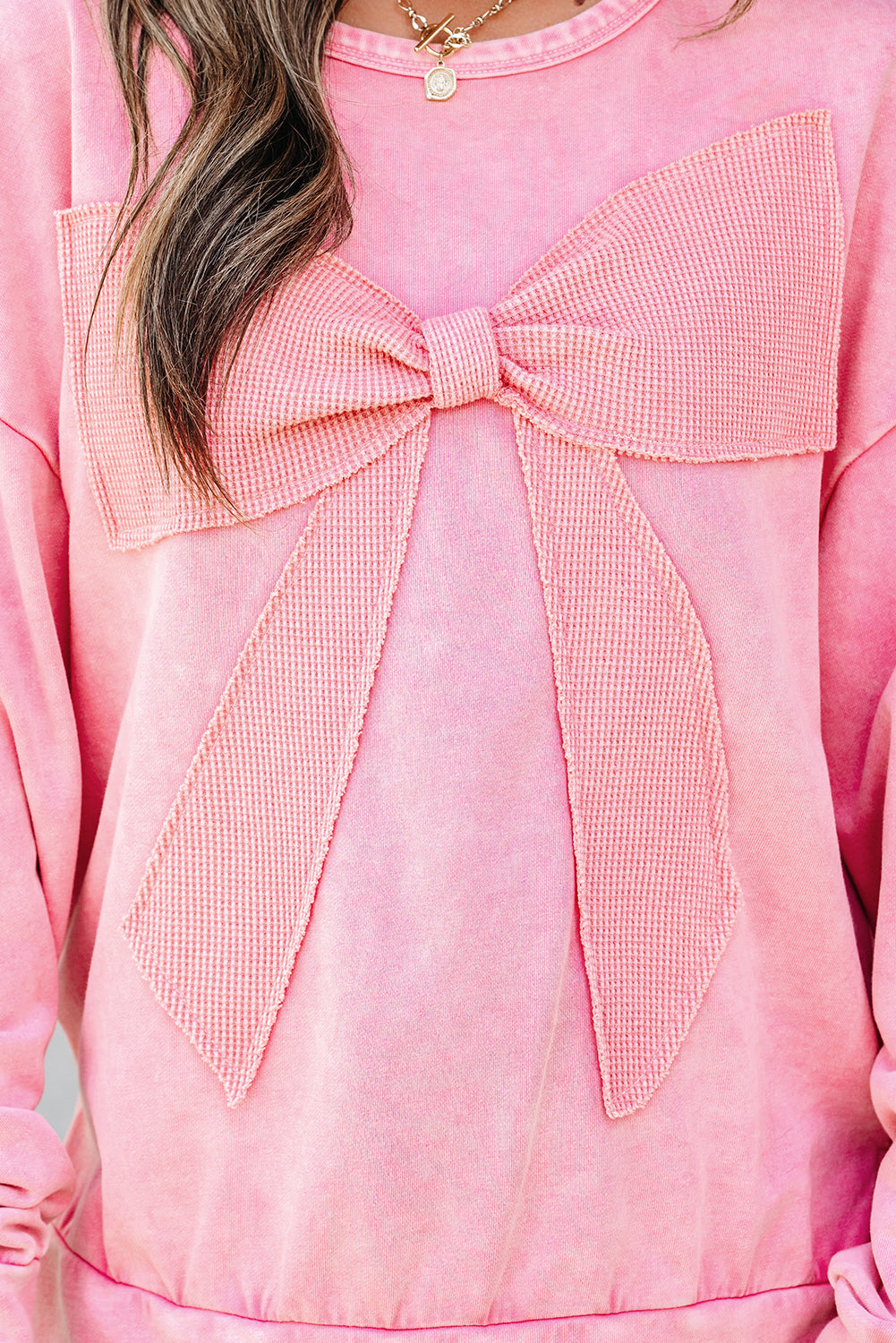 Mineral Wash Big Bow Patchwork Pullover Sweatshirt